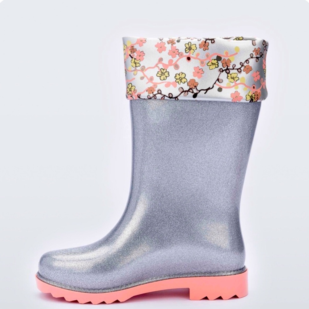Mini Melissa Rose & Bleu rainboots girls size 4 silver|pink|floral